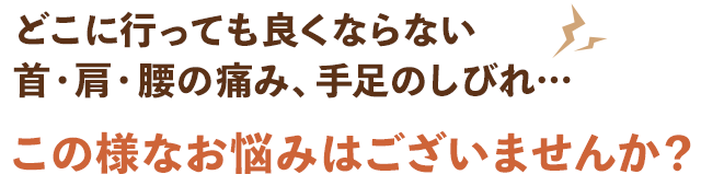 どこに行っても良くならない首・肩・腰の痛み、手足のしびれ…この様なお悩みはございませんか？